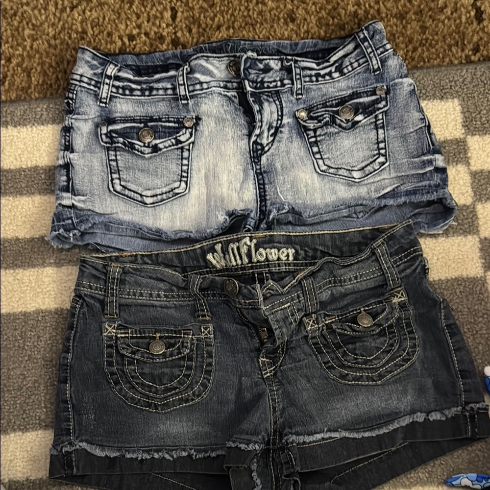 Wallflower Blue and Black Jean Shorts Distressed Denim